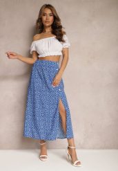 Niebieska Casualowa Spódnica Ozdobiona Guzikami i Wycięciem Fiada. Niebieskie spódnice Renee, na co dzień, m, bez wzorów, eleganckie, midi, dopasowane. W wyprzedaży za 43.99 zł.