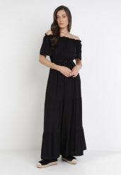 Czarna Sukienka Kissorise. Czarne sukienki Born2be, l, bez wzorów, z materiału, bez kołnierzyka, bez ramiączek, maxi, rozkloszowane. Za 109.99 zł.
