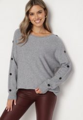 Szary Sweter z Dodatkiem Bawełny i Wiskozy z Guzikami na Rękawach Ciasine. Szare swetry Born2be, l, bez wzorów, z bawełny, plus size, bez ramiączek. W wyprzedaży za 67.99 zł.