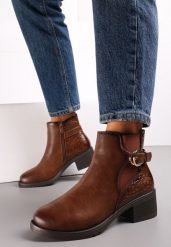 Brązowe Botki Sztyblety Ozdobione Klamrą i Wężową Wstawką Geltrude. Brązowe botki Renee, bez wzorów, eleganckie, bez obcasa, na obcasie, bez zapięcia. Za 114.99 zł.