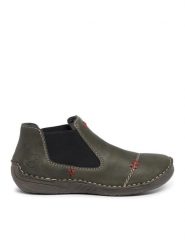Rieker Sztyblety 52590-54 Khaki. Brązowe botki Rieker, bez wzorów, ze skóry, bez obcasa, na płaskiej podeszwie, bez zapięcia. Za 199.99 zł.