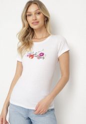 Biało-Różowy T-shirt z Bawełny z Ozdobnym Nadrukiem Zaromeira. Białe t-shirty Born2be, l, bez wzorów, z bawełny, eleganckie, bez kołnierzyka, bez ramiączek. W wyprzedaży za 29.74 zł.