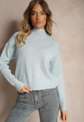 Jasnoniebieski Golf Sweter z Tłoczeniem i Ściągaczami Melovira. Niebieskie swetry Renee, na zimę, bez wzorów, bez ramiączek. W wyprzedaży za 87.99 zł.