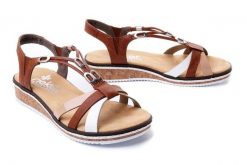 RIEKER V3657-81 brown combination, sandały damskie. Brązowe sandały Rieker, bez wzorów, bez obcasa, na koturnie, bez zapięcia. Za 299.90 zł.
