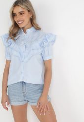 Niebieska Koszula z Falbankami i Koronkowymi Wstawkami Keani. Niebieskie koszule Born2be, m, bez wzorów, z koronki, klasyczne, bez kołnierzyka, bez ramiączek. Za 169.99 zł.