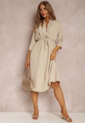 Beżowa Sukienka Canopis. Brązowe sukienki Renee, m, bez wzorów, z materiału, eleganckie, bez kołnierzyka, bez ramiączek, midi, kopertowe. W wyprzedaży za 75.99 zł.