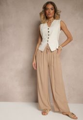 Ciemnobeżowe Szerokie Spodnie z Wiskozy High Waist Naivella. Brązowe jeansy Renee, na lato, l, bez wzorów, z jeansu, z podwyższonym stanem. W wyprzedaży za 39.99 zł.