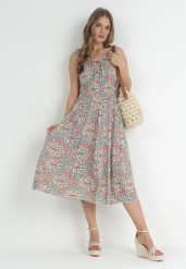 Zielono-Czerwona Rozkloszowana Sukienka Midi na Szerokich Ramiączkach z Gumkami w Pasie Anelanie. Czerwone sukienki Born2be, l, bez wzorów, bez kołnierzyka, bez ramiączek, midi, rozkloszowane. Za 89.99 zł.