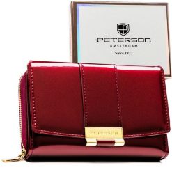 Portfel damski z lakierowanej skóry ekologicznej w śliwkowym kolorze, wyposażony w system RFID - Peterson. Portfele Peterson, bez wzorów, ze skóry ekologicznej. Za 99.99 zł.