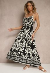 Czarno-Biała Rozkloszowana Sukienka z Wiskozy Zdobiona Broszką i Wiązaniem Marionela. Czarne sukienki Renee, na co dzień, l, z aplikacjami, z wiskozy, eleganckie, bez kołnierzyka, bez ramiączek, midi, rozkloszowane. Za 79.99 zł.