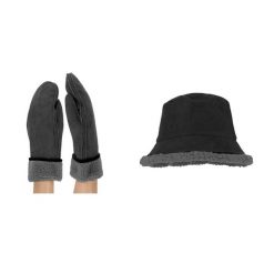 Rękawiczki damskie i kapelusz typu bucket zamszowe czarne Jeden rozmiar. Czarne kapelusze SARLINI, na jesień, bez wzorów, z materiału, eleganckie. Za 197.80 zł.