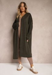 Zielony Kardigan z Wiskozą o Długim Kroju Zapinany na Guziki z Metaliczną NIcią Arkaria. Zielone swetry Renee, plus size, bez wzorów, z jeansu, biznesowe, plus size, bez ramiączek. W wyprzedaży za 111.99 zł.