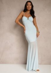 Niebieska Sukienka na Ramiączkach z Wiskozą z Siateczkowym Zdobieniem Savorielle. Niebieskie sukienki Renee, na spotkanie biznesowe, s, z aplikacjami, z wiskozy, eleganckie, bez kołnierzyka, bez ramiączek, maxi, kopertowe. W wyprzedaży za 107.99 zł.