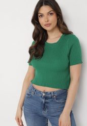 Zielony Krótki T-shirt z Prążkowanej Dzianiny Clutia. Zielone t-shirty Born2be, l, bez wzorów, z dzianiny, bez kołnierzyka, bez ramiączek. Za 79.99 zł.