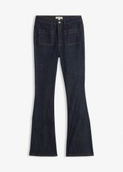 Dżinsy o kroju bootcut, high waist, z wygodnym pasem. Niebieskie jeansy bonprix, bez wzorów, z jeansu, z podwyższonym stanem. Za 124.99 zł.