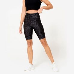 Legginsy krótkie fitness damskie Domyos ciemnoszare w panterkę. Szare legginsy DOMYOS, bez wzorów, z elastanu, sportowe, krótkie. Za 39.99 zł.