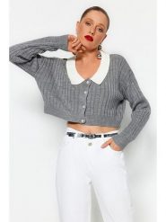 Trendyol Kardigan w kolorze szarym rozmiar: M. Szare swetry Trendyol, m, bez wzorów, prążkowane, bez ramiączek. Za 73.99 zł.