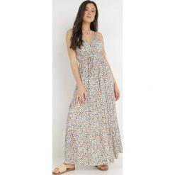 Zielono-Biała Sukienka Lalite. Białe sukienki Born2be, l, bez wzorów, z tkaniny, bez kołnierzyka, bez ramiączek, maxi, kopertowe. Za 139.99 zł.