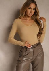 Ciemnobeżowy Sweter o Taliowanym Kroju z Nieregularnym Dekoltem w V Fenalissa. Brązowe swetry Renee, na zimę, l, bez wzorów, casualowe, bez ramiączek. Za 59.99 zł.