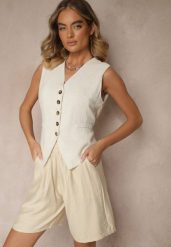 Beżowe Szorty z Wiskozy High Waist Ozdobione Paskiem Lumilirae. Brązowe szorty Renee, bez wzorów, z wiskozy, eleganckie. W wyprzedaży za 39.99 zł.