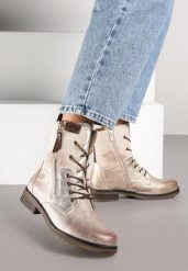 Złote Botki w Stylu Vintage ze Sznurowaniem Vemlora. Żółte botki Renee, bez wzorów, z jeansu, rockowe, bez obcasa, na płaskiej podeszwie, bez zapięcia. Za 129.99 zł.