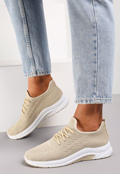 Beżowe Siateczkowe Buty Sportowe na Piankowej Podeszwie Linidas. Brązowe buty sportowe lifestyle Renee, bez wzorów, sportowe, z okrągłym noskiem, przed kostkę, bez zapięcia. Za 49.99 zł.