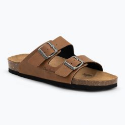 Klapki damskie Pepe Jeans Oban Classic 1. Brązowe klapki Pepe Jeans, bez wzorów, z jeansu, sportowe, bez obcasa, bez zapięcia. Za 234.40 zł.