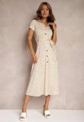 Beżowa Taliowana Sukienka z Wiskozą o Kroju Koszulowym z Guzikami i Paskiem Cosofia. Brązowe sukienki Renee, l, bez wzorów, z jeansu, eleganckie, bez kołnierzyka, bez ramiączek, midi, koszulowe. W wyprzedaży za 143.99 zł.