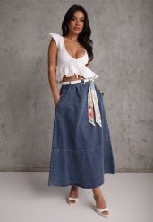 Granatowa Bawełniana Spódnica Jeansowa o Rozkloszowanym Kroju z Ozdobnym Paskiem Eatiane. Niebieskie spódnice Renee, na co dzień, l, bez wzorów, z bawełny, casualowe, maxi, proste. Za 179.99 zł.