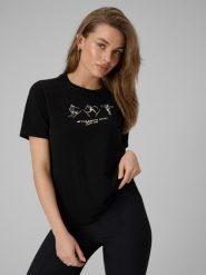 4F T-shirt regular z nadrukiem damski - czarna S. Czarne t-shirty 4f, s, bez wzorów, z bawełny, bez kołnierzyka, bez ramiączek. W wyprzedaży za 49.99 zł.