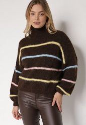 Brązowy Golf z Wełną Ozdobiony Paskami Reisorria. Brązowe swetry Born2be, uniwersalny, bez wzorów, z jeansu, bez ramiączek. Za 159.99 zł.