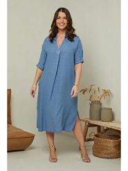 Curvy Lady Lniana sukienka w kolorze niebieskim rozmiar: 48/50. Niebieskie sukienki Curvy Lady, bez wzorów, ze lnu, klasyczne, bez kołnierzyka, bez ramiączek, midi. Za 259.74 zł.