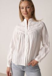 Biała Bawełniana Rustykalna Koszula ze Stójką i Koronkowymi Wstawkami Felielia. Białe koszule Born2be, l, bez wzorów, z bawełny, eleganckie, bez kołnierzyka, bez ramiączek. Za 129.99 zł.