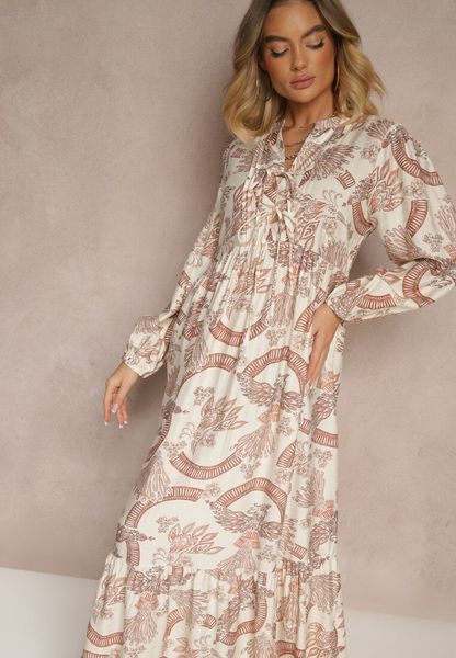 Pomarańczowa Rozkloszowana Sukienka z Wiskozą Wiązana przy Dekolcie w Roślinny Print Koriselle. Brązowe sukienki Renee, na co dzień, l, bez wzorów, z wiskozy, eleganckie, bez kołnierzyka, bez ramiączek, maxi, rozkloszowane. Za 129.99 zł.