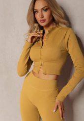 Żółta Prążkowana Bluza o Krótkim Fasonie Dwoma Suwakami Aloue. Żółte bluzy Renee, bez wzorów, z materiału, bez kaptura. W wyprzedaży za 26.99 zł.