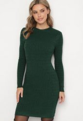 Ciemnozielona Dzianinowa Sukienka Mini z Ozdobnym Prążkowaniem o Dopasowanym Fasonie Kais. Zielone sukienki Born2be, bez wzorów, z bawełny, bez kołnierzyka, bez ramiączek, midi, dopasowane. Za 69.99 zł.