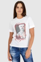 GUESS Biały t-shirt damski z nadrukiem. Białe t-shirty Guess, s, z aplikacjami, z bawełny, bez kołnierzyka, bez ramiączek. W wyprzedaży za 129.99 zł.