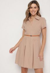 Ciemnobeżowa Bawełniana Sukienka Koszulowa z Paseczkiem Wenilise. Brązowe sukienki Born2be, na co dzień, l, bez wzorów, z bawełny, eleganckie, bez kołnierzyka, bez ramiączek, mini, koszulowe. Za 129.99 zł.