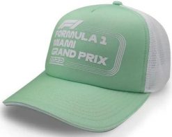 Czapka F1 Miami Grand Prix pistacjowo-pastelowa. Fioletowe czapki z daszkiem Erima, na lato, bez wzorów, z materiału, eleganckie. Za 184.99 zł.