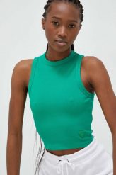 Guess top damski kolor zielony. Zielone topy Guess, l, z aplikacjami, z dzianiny, bez kołnierzyka, bez ramiączek. Za 169.99 zł.