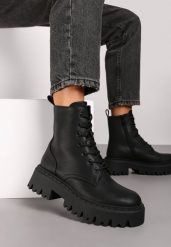 Czarne Sznurowane Botki na Platformie w Stylu Workerów Sairene. Czarne botki Renee, bez wzorów, z jeansu, eleganckie, bez obcasa, na platformie, bez zapięcia. Za 89.99 zł.