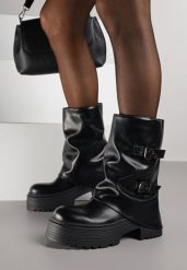 Czarne Botki Biker Vices z Wywiniętą Cholewką Platformą i Klamrami Reinila. Czarne botki Renee, bez wzorów, z jeansu, rockowe, bez obcasa, na platformie, bez zapięcia. Za 139.99 zł.