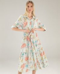 WZORZYSTA SUKIENKA Z WISKOZY. Sukienki Unisono, l, bez wzorów, z materiału, klasyczne, bez kołnierzyka, bez ramiączek, rozkloszowane. Za 249.00 zł.