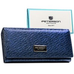 Portfel damski w niebieskim kolorze zamykany na zatrzask, mieszczący dowód rejestracyjny - Peterson. Niebieskie portfele Peterson, bez wzorów, ze skóry ekologicznej. Za 79.99 zł.