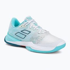 Buty do tenisa damskie Babolat Jet Mach 3 AC W white/angel blue. Białe buty treningowe BABOLAT, bez wzorów, z materiału, bez zapięcia, tenisowe. Za 409.99 zł.