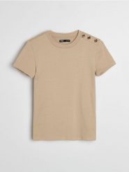 Bawełniana bluzka z krótkim rękawem - beżowy. Brązowe bluzki Sinsay, l, bez wzorów, z bawełny, bez kołnierzyka, bez ramiączek. Za 19.99 zł.