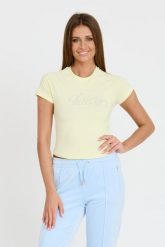 JUICY COUTURE Cytrynowy t-shirt Retroshrunken Tee. Żółte t-shirty Juicy Couture, s, bez wzorów, bez kołnierzyka, bez ramiączek. W wyprzedaży za 128.99 zł.