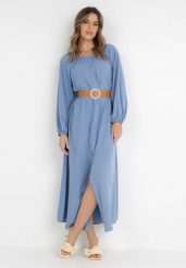 Niebieska Sukienka Dorothoe. Niebieskie sukienki Born2be, na co dzień, l, bez wzorów, z tkaniny, eleganckie, bez kołnierzyka, bez ramiączek, maxi, rozkloszowane. W wyprzedaży za 97.99 zł.