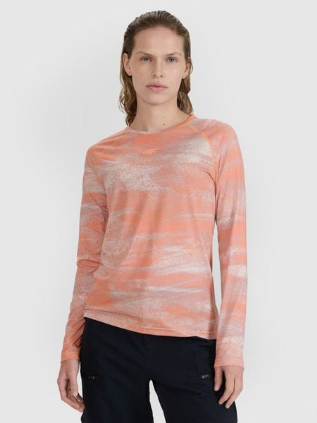 4F Koszulka rowerowa z długim rękawem damska - pomarańczowa S. Brązowe t-shirty sportowe 4f, l, bez wzorów, z dzianiny, bez ramiączek, rowerowe. W wyprzedaży za 99.99 zł.