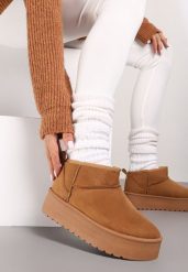 Brązowe Ocieplone Śniegowce Wsuwane na Platformie Meralyn. Brązowe śniegowce Born2be, bez wzorów, z jeansu, bez zapięcia. Za 139.99 zł.